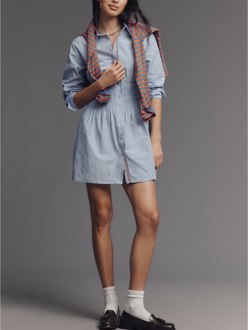 Maeve Long-Sleeve Smocked Waisted Shirt Dress - Size LP